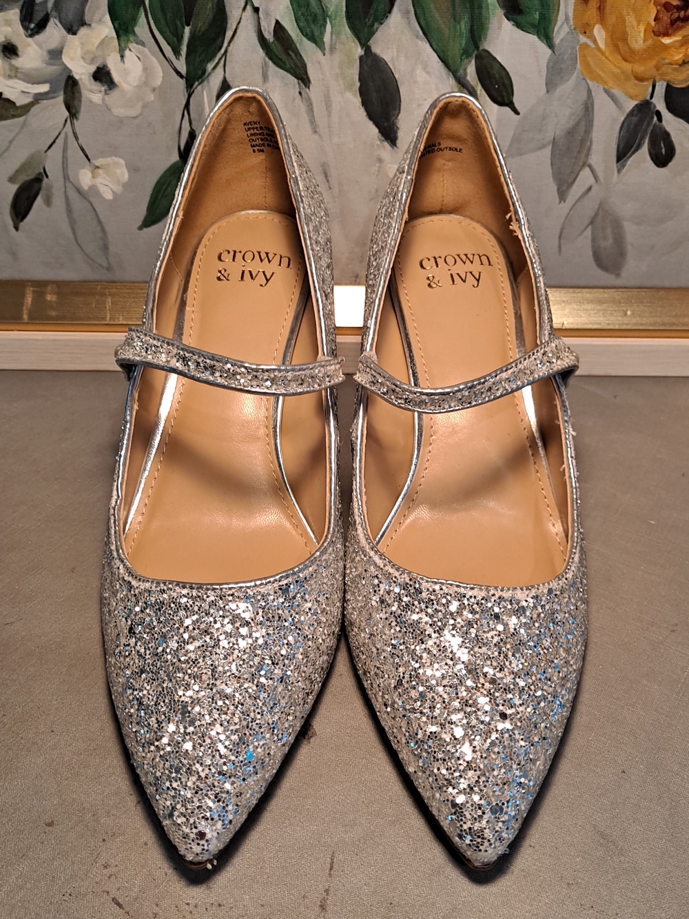 Crown & Ivy Avery Sparkling Silver Glitter Mary Jane Pump Heels Pointed Toe